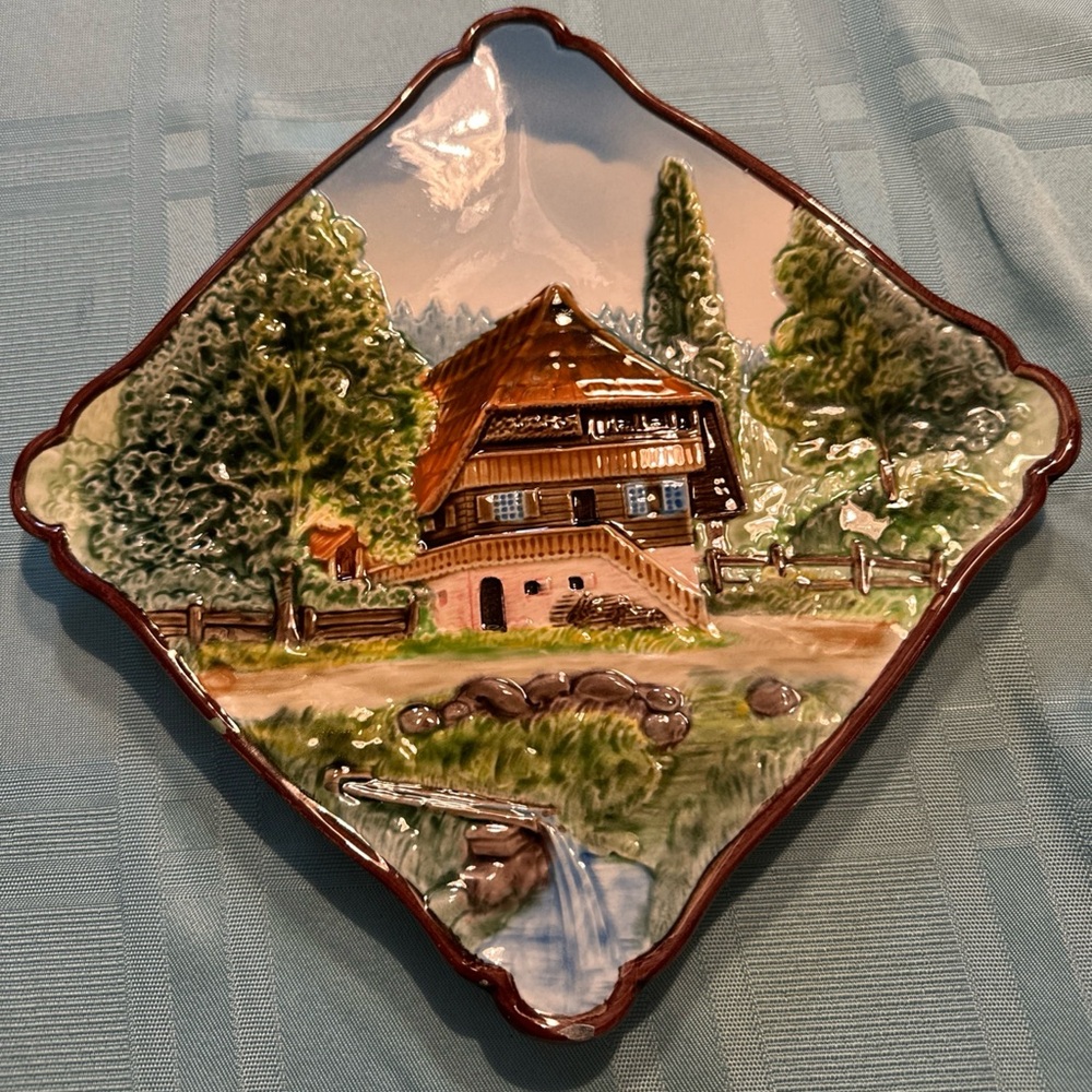 West Germany Majolica 8" Sq. Wall Plate Embossed Mountain Chalet Black Forest
